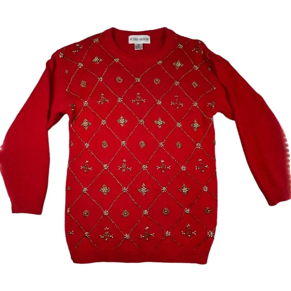 Victoria Harbour Vintage Ramie Cotton Holiday Sweater, red & gold, beaded,‎ 80s
